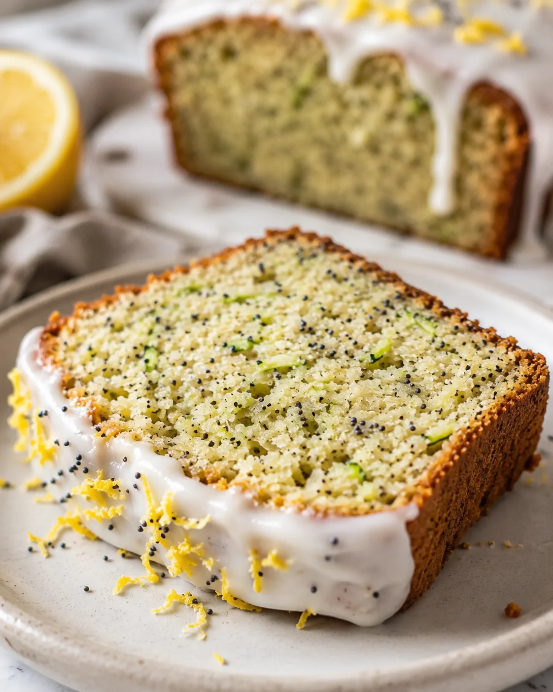 Lemon Poppy Seed Zucchini Bread Slice of lemon poppy seed zucchini bread with lemon glaze on a plate.