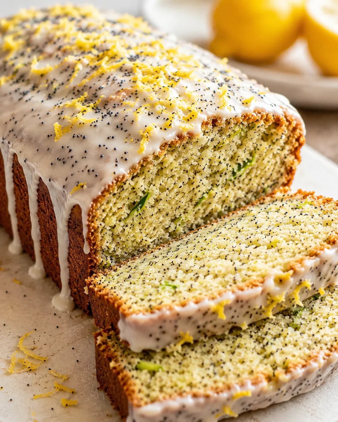 Lemon Poppy Seed Zucchini Bread Delicious lemon zucchini bread topped with lemon glaze and poppy seeds, sliced to reveal soft crumb.