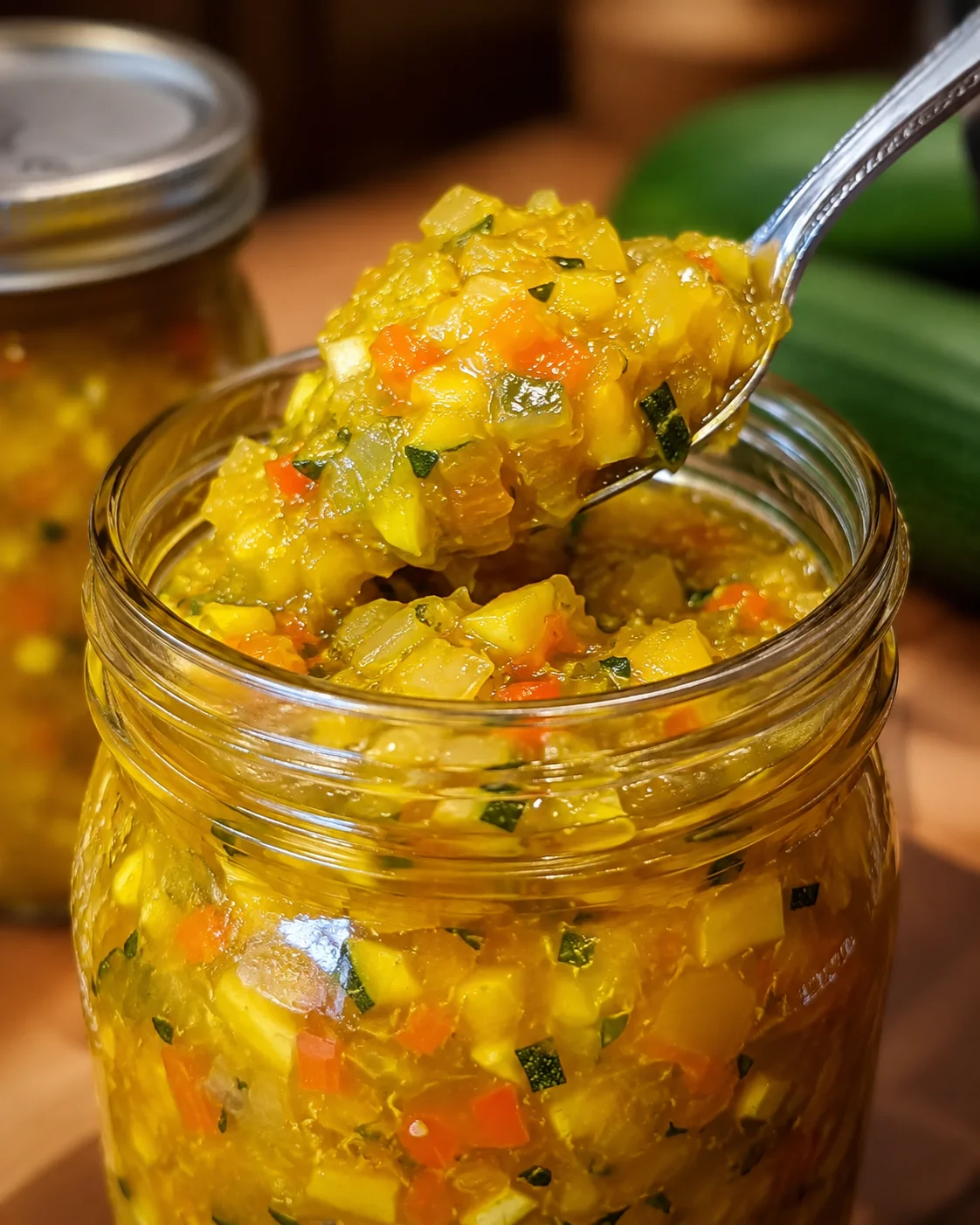 A jar of colorful homemade zucchini relish with a spoonful on top