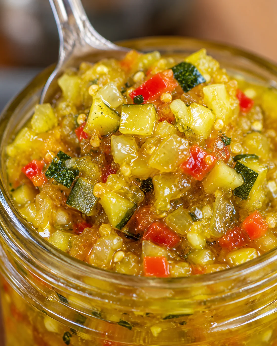 Close-up of vibrant homemade zucchini relish in a jar, with diced vegetables and a glossy texture.