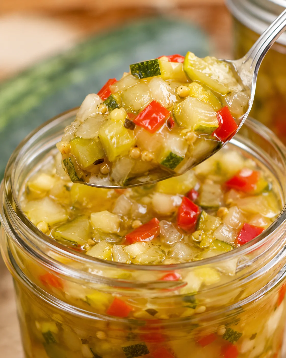 Close-up of a jar of sweet zucchini relish with a spoonful lifted out.