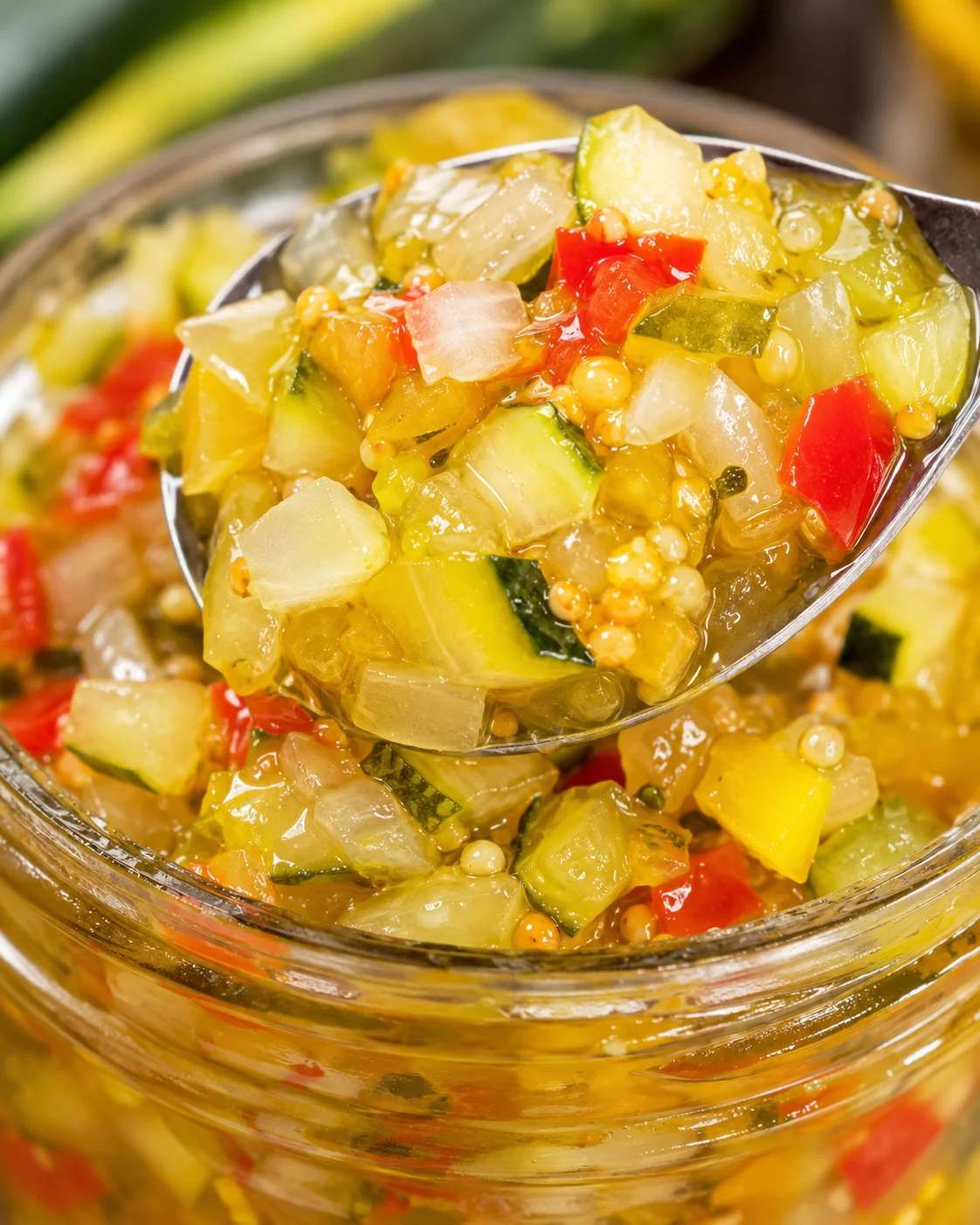 Colorful zucchini relish in a jar, ready for canning and storage.
