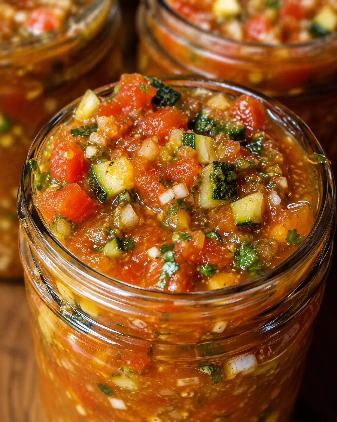 Close-up of vibrant homemade zucchini salsa in glass jars, ready for canning.
