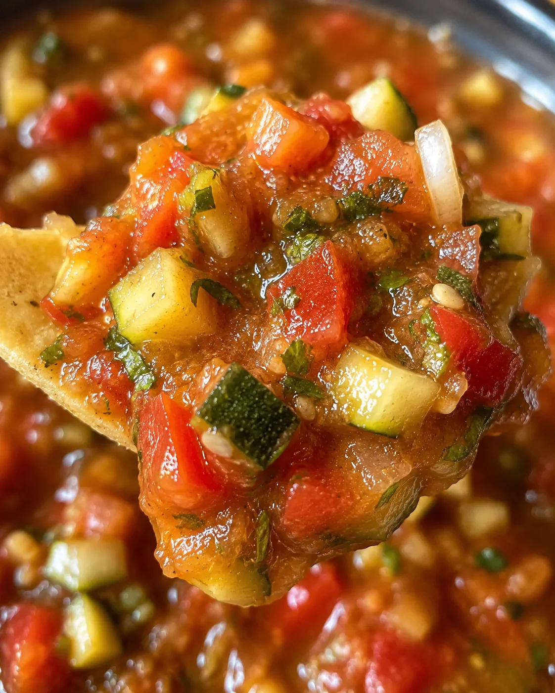 Close-up of vibrant homemade zucchini salsa with fresh chopped vegetables.