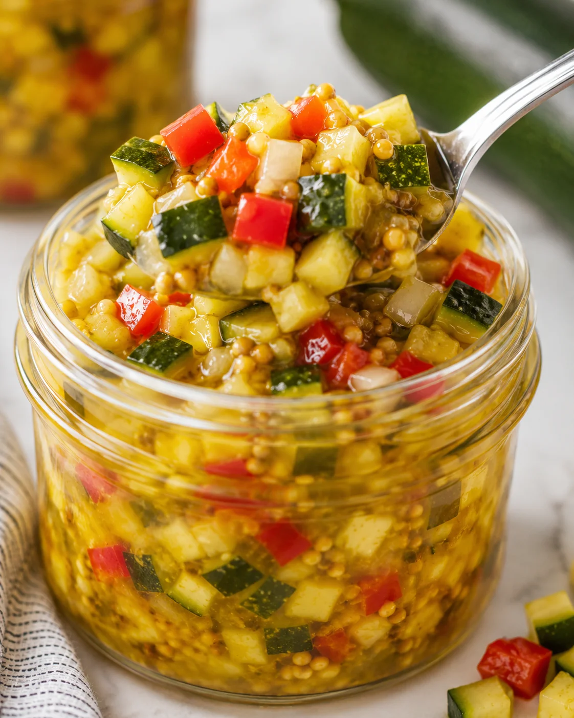 Colorful zucchini relish in a glass jar with a spoonful above.