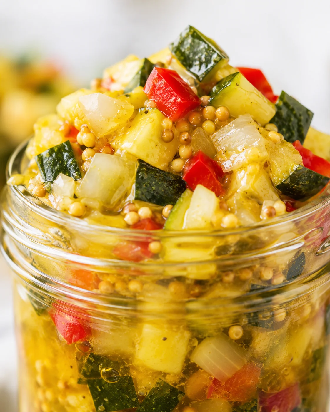 Colorful zucchini relish served in a glass jar, perfect for burger toppings.