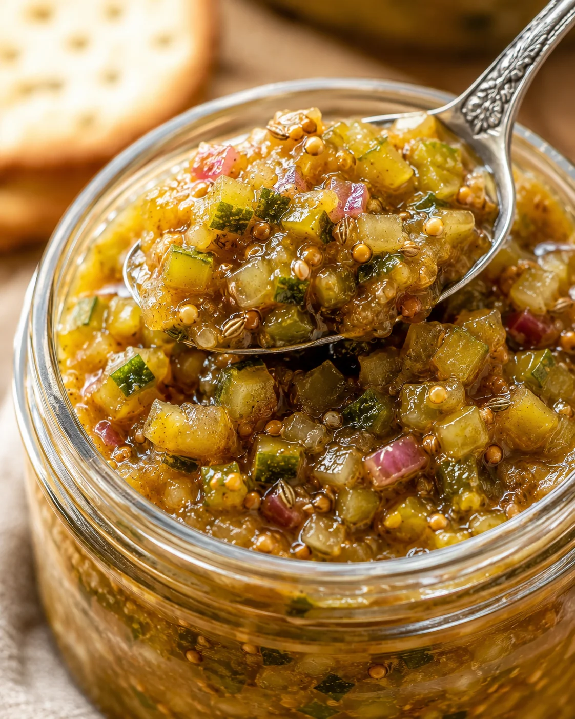 Close-up of homemade zucchini relish in a jar with a spoonful on top