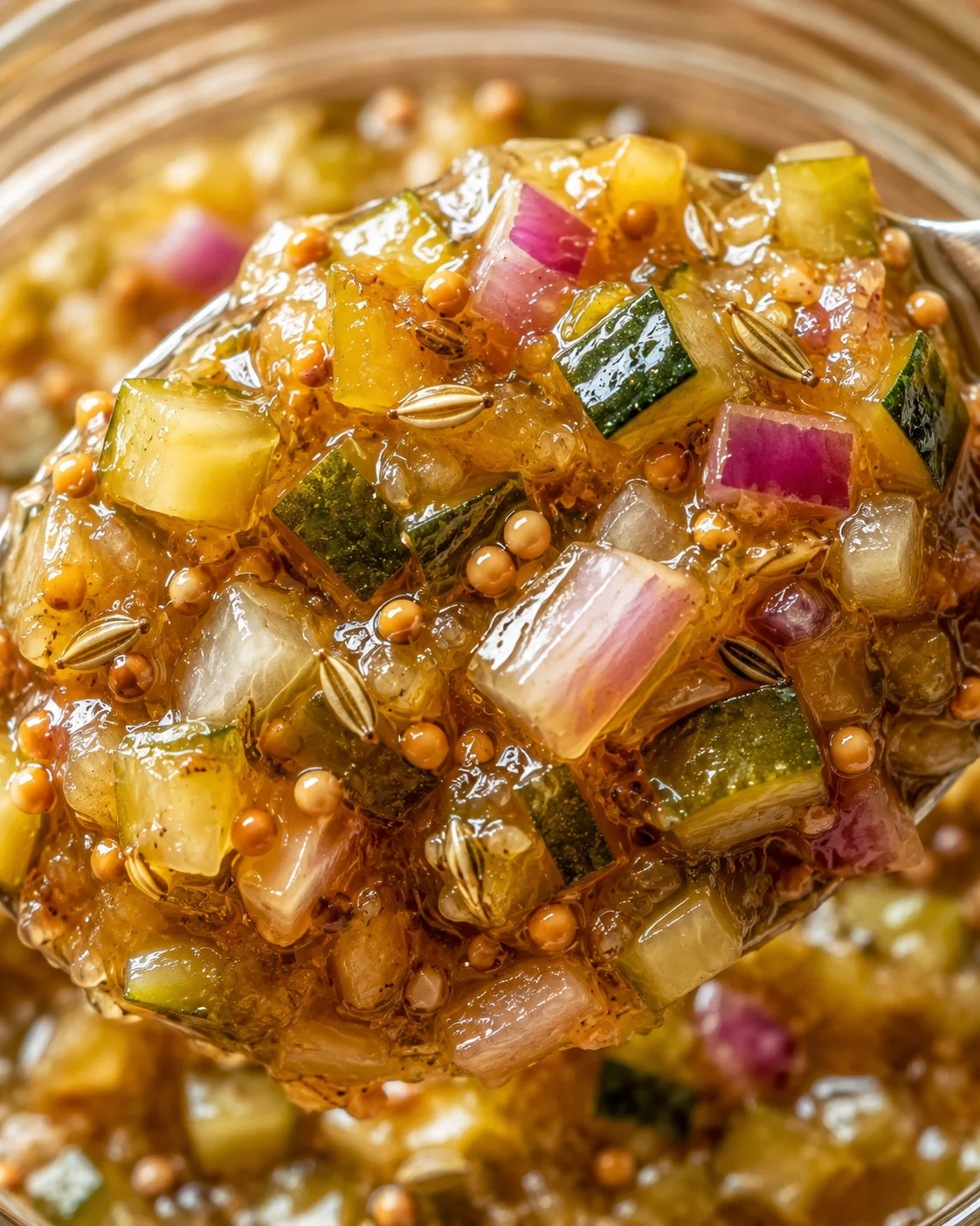 Close-up of colorful zucchini relish with vibrant chopped vegetables and seeds