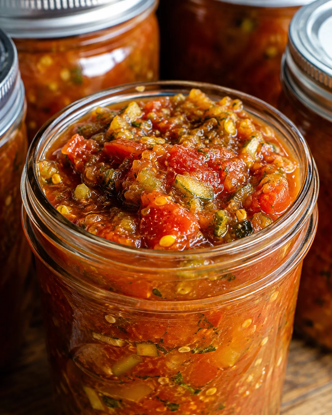 Sweet Smokey Zucchini Salsa Close-up of freshly canned sweet smoky zucchini salsa in glass jars.