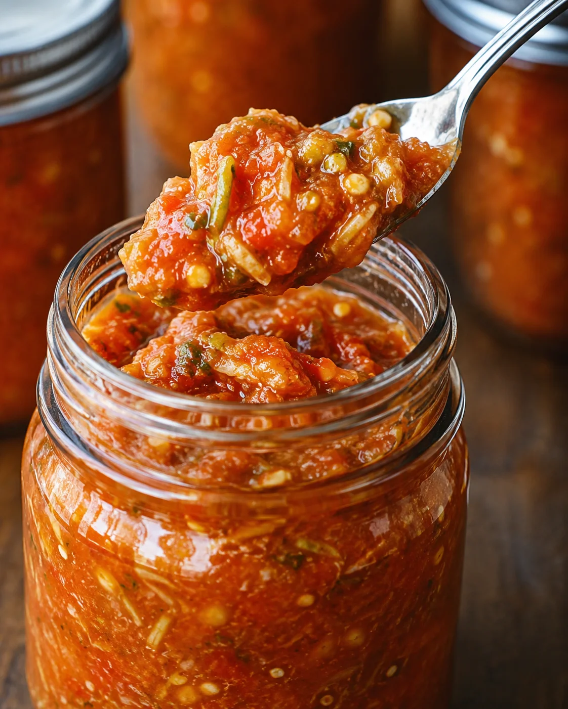 Sweet Smokey Zucchini Salsa Close-up of a jar of flavorful zucchini salsa with a spoonful outside the jar
