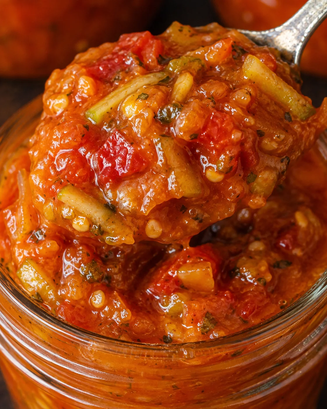 Sweet Smokey Zucchini Salsa Close-up of vibrant, chunky zucchini salsa with tomatoes and peppers in a jar
