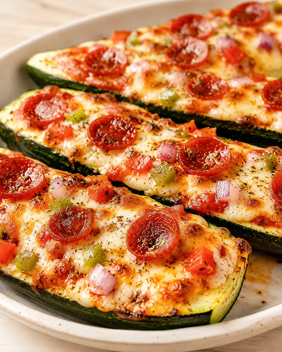 Fresh zucchini baked with cheese, pepperoni, and veggies for a fun meal.