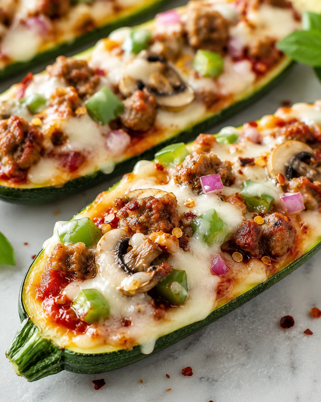 Zucchini Pizza Boats Delicious zucchini pizza boats topped with cheese and vegetables
