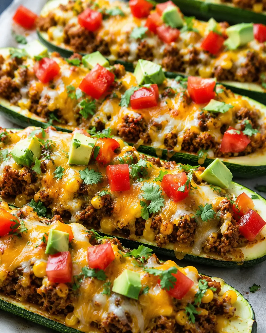 Close-up of baked zucchini boats filled with seasoned beef and melted cheese.