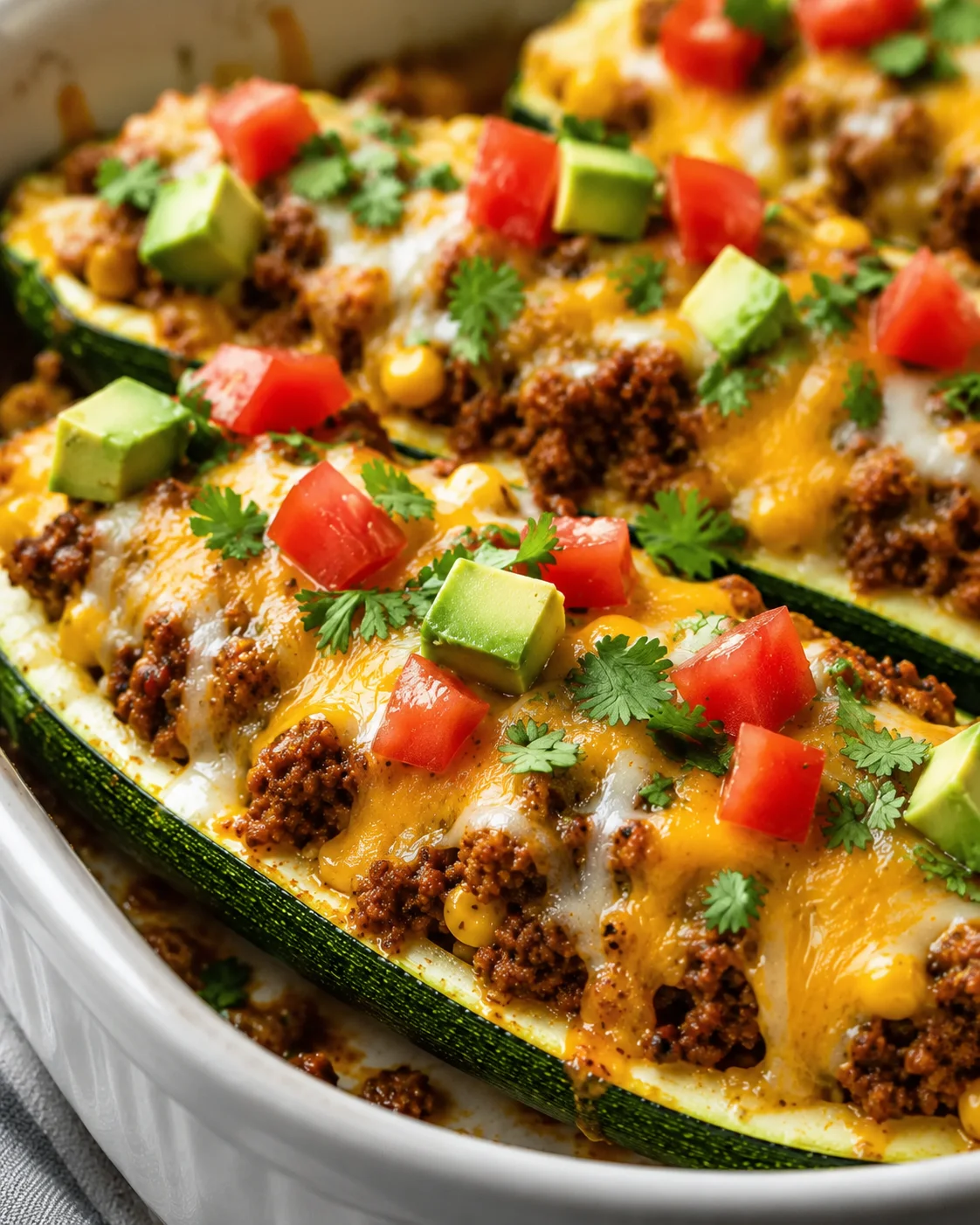 Colorful zucchini boats filled with seasoned beef and melted cheese, topped with fresh tomatoes and avocados.