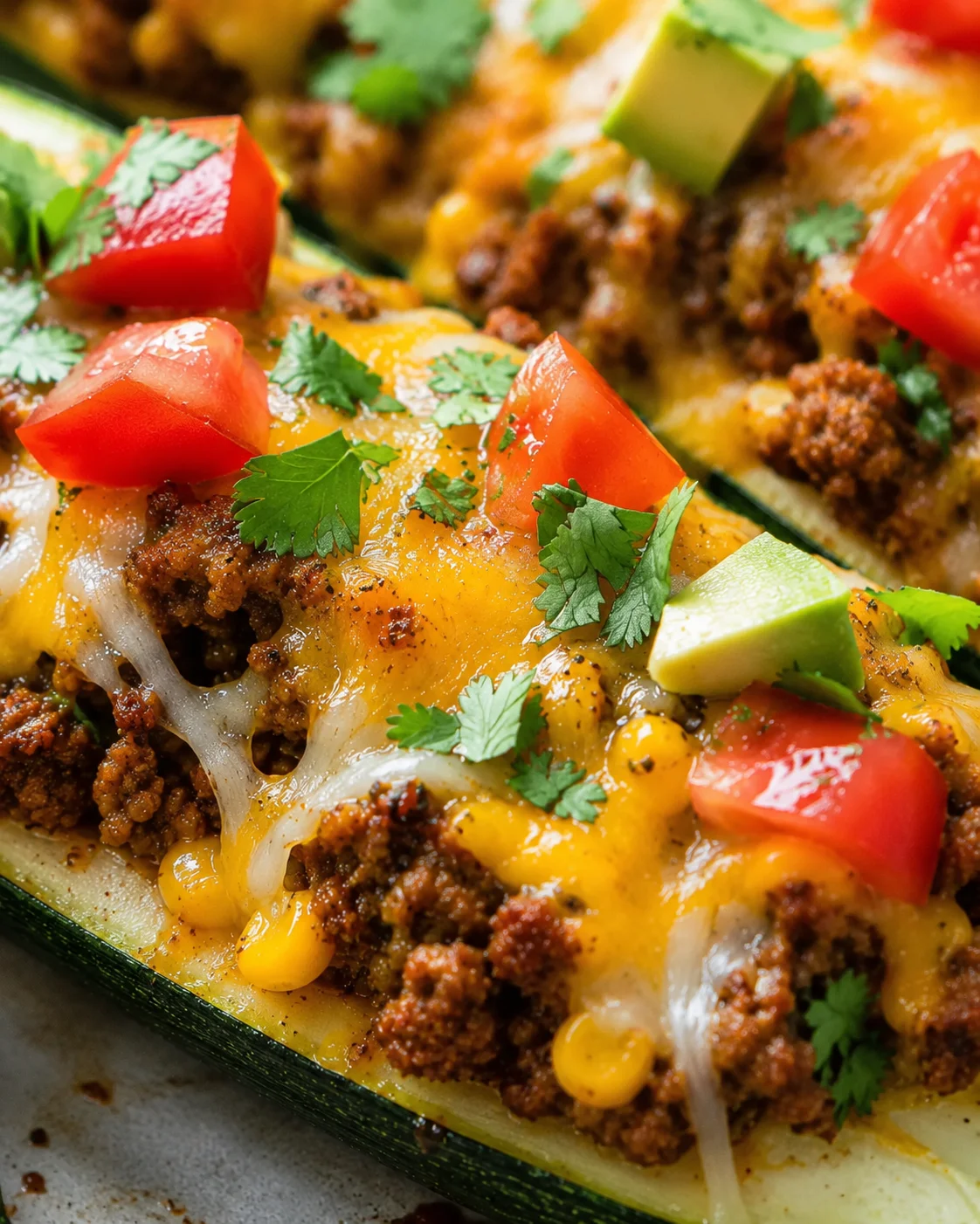 Close-up of cheesy taco-stuffed zucchini boats topped with fresh tomatoes and herbs