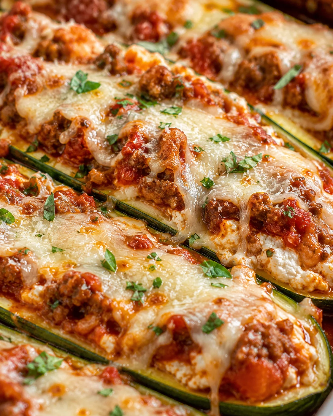 Zucchini Lasagna Boats Baked zucchini boats filled with cheese, meat, and marinara sauce, topped with melted cheese.