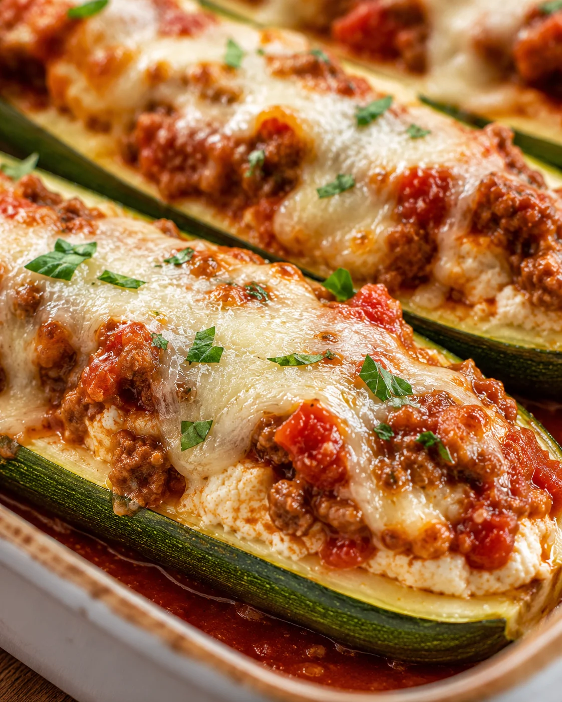 Delicious Zucchini Lasagna Boats Close-up of zucchini halves filled with cheesy, meaty, or veggie fillings topped with melted cheese.