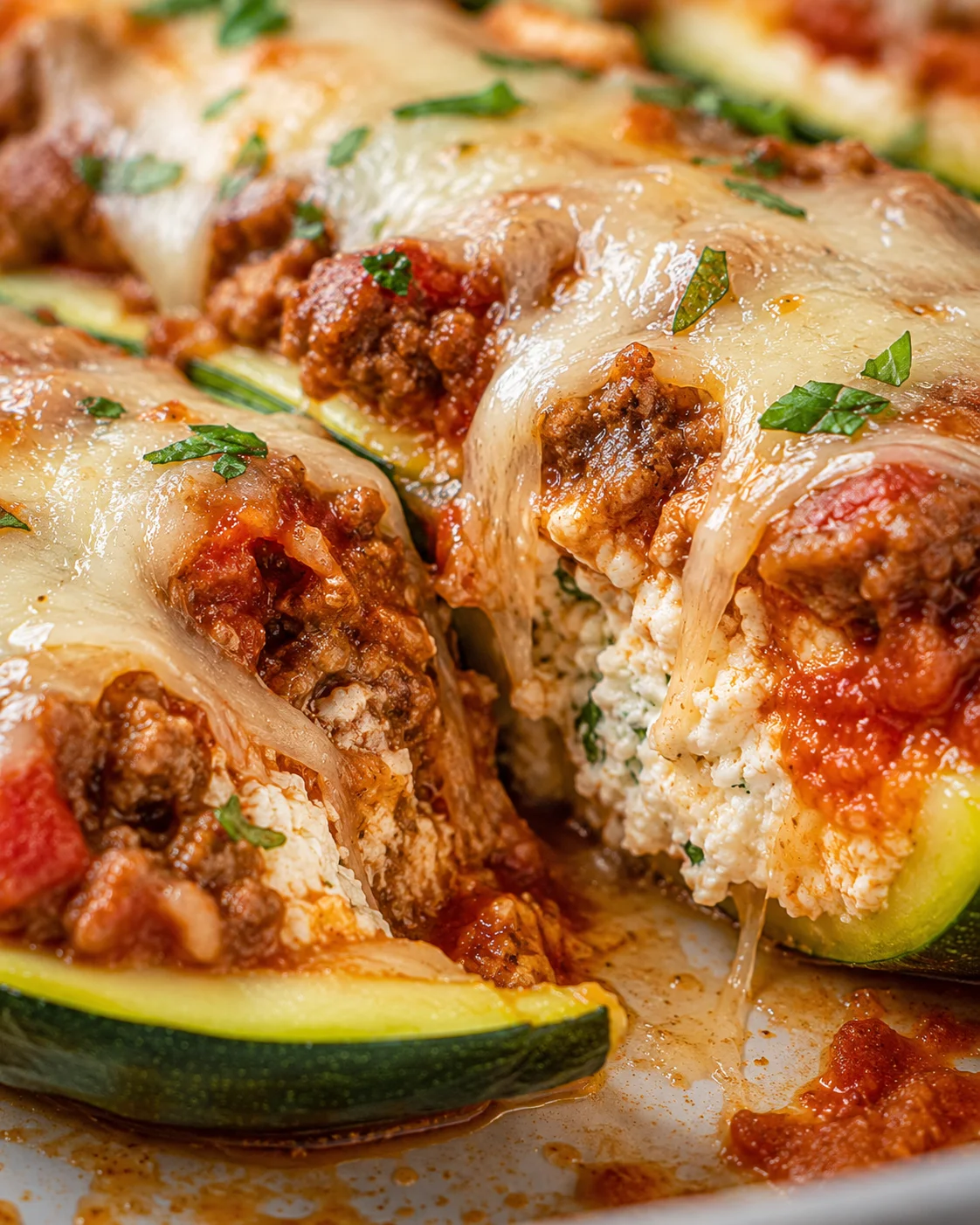 Delicious Zucchini Lasagna Boats Close-up of zucchini lasagna boats topped with melted cheese and fresh herbs