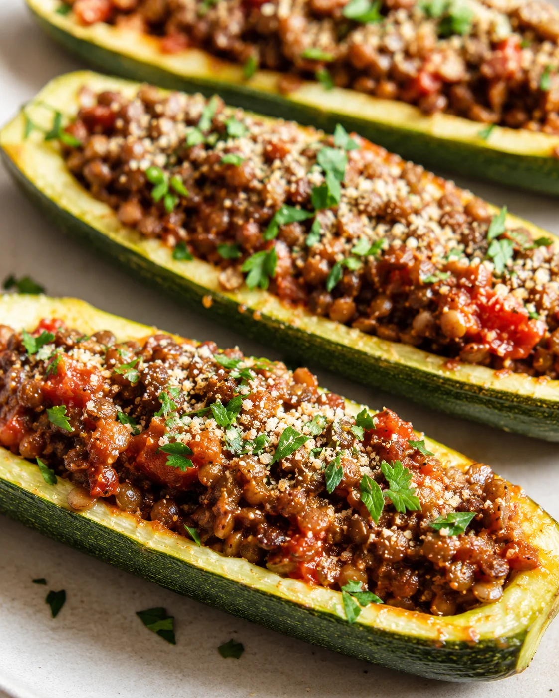 Close-up image of vibrant vegan stuffed zucchini boats topped with herbs and vegan parmesan.