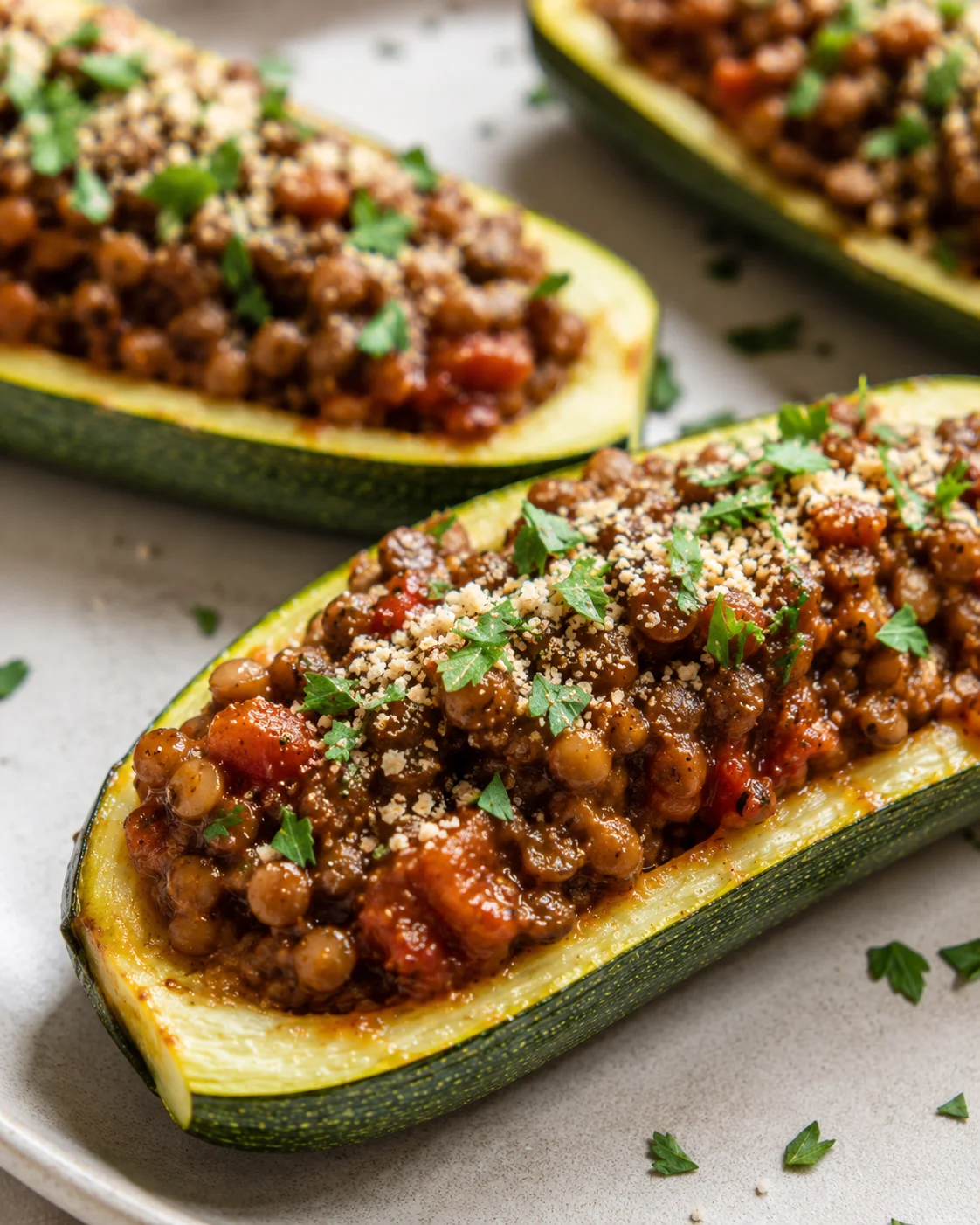 Close-up of vibrant vegan zucchini boats filled with lentils and topped with herbs and vegan parmesan