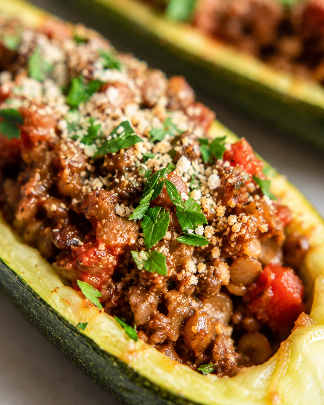 Close-up of colorful vegan stuffed zucchini boats filled with lentils and vegetables.