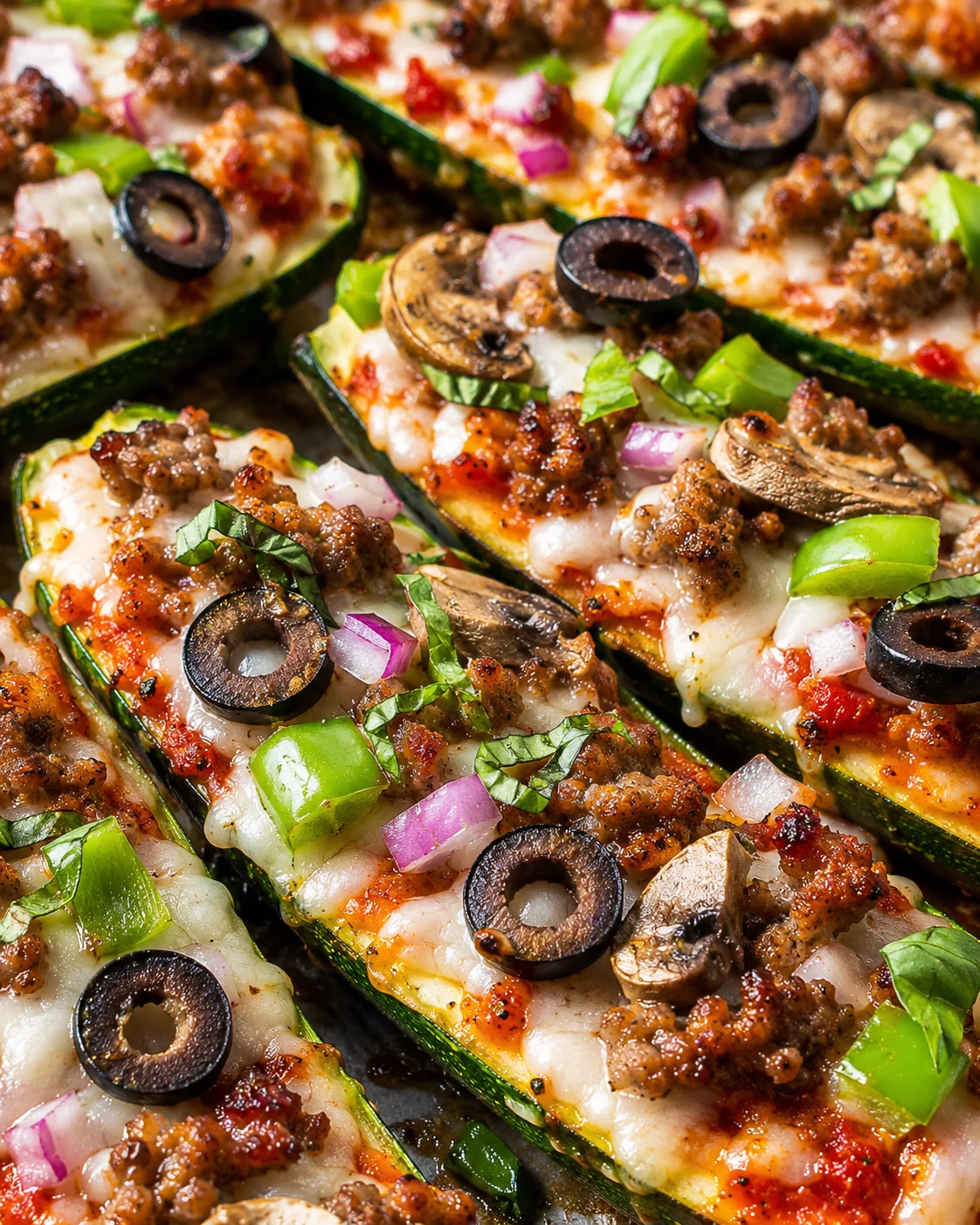 Zucchini Pizza Boats Recipe Baked zucchini slices topped with cheese, sausage, black olives, and vegetables.