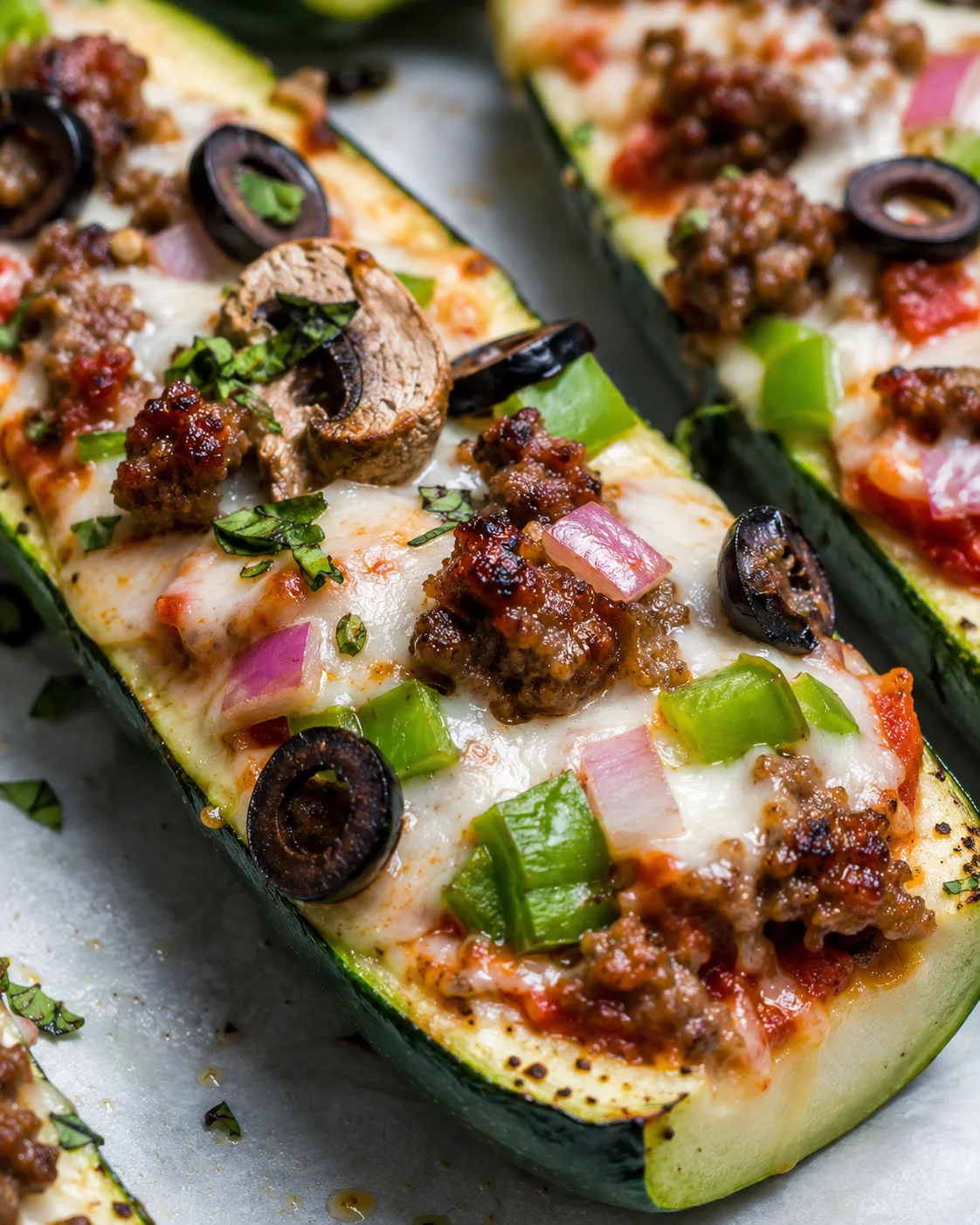 Zucchini Pizza Boats Close-up of baked zucchini pizza boats topped with cheese, sausage, and vegetables.