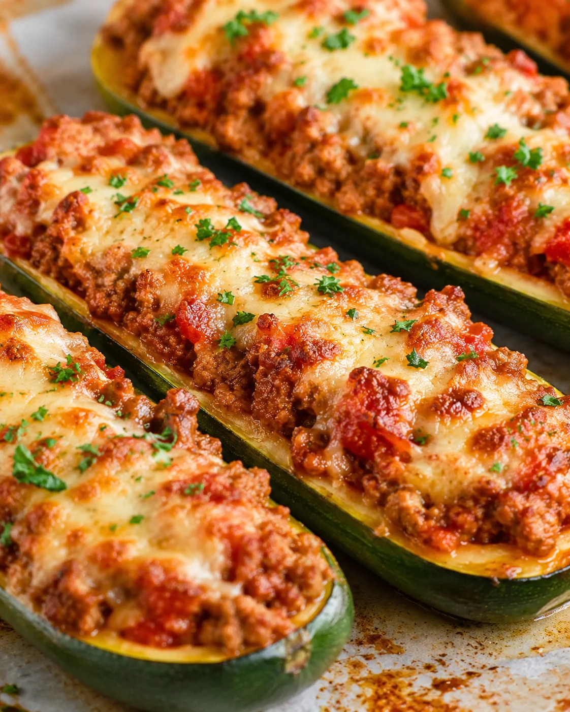 Baked zucchini boats filled with savory ground beef and melted cheese, garnished with parsley.
