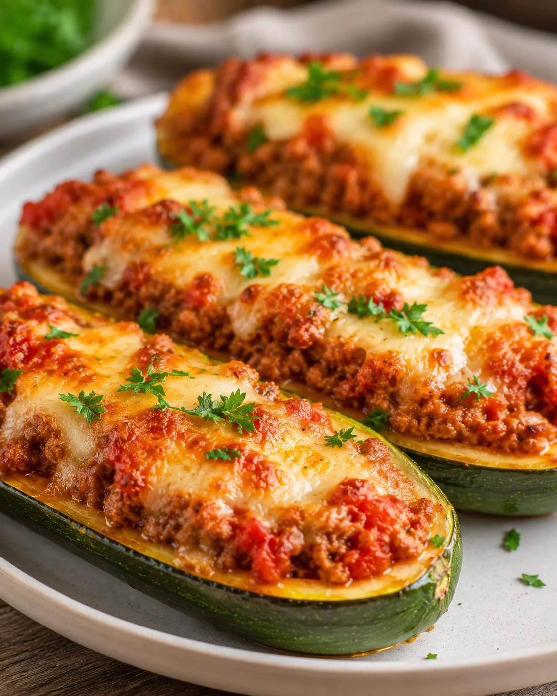 Delicious baked zucchini boats filled with seasoned ground beef and melted cheese