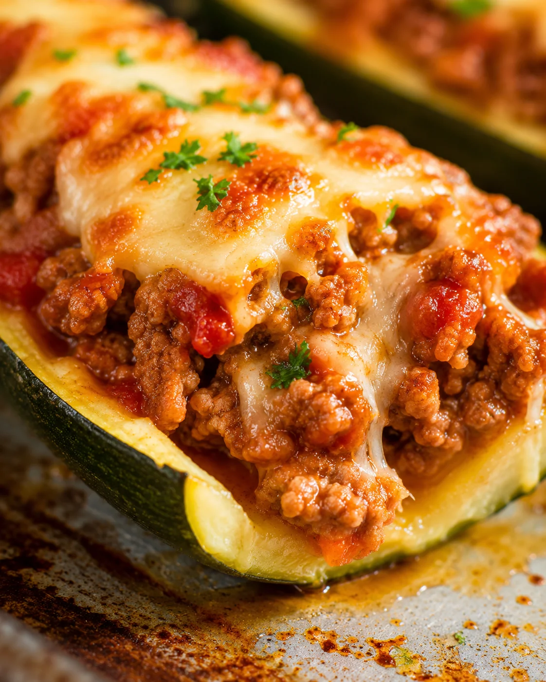 Close-up of cheesy stuffed zucchini boats topped with fresh herbs and meat sauce
