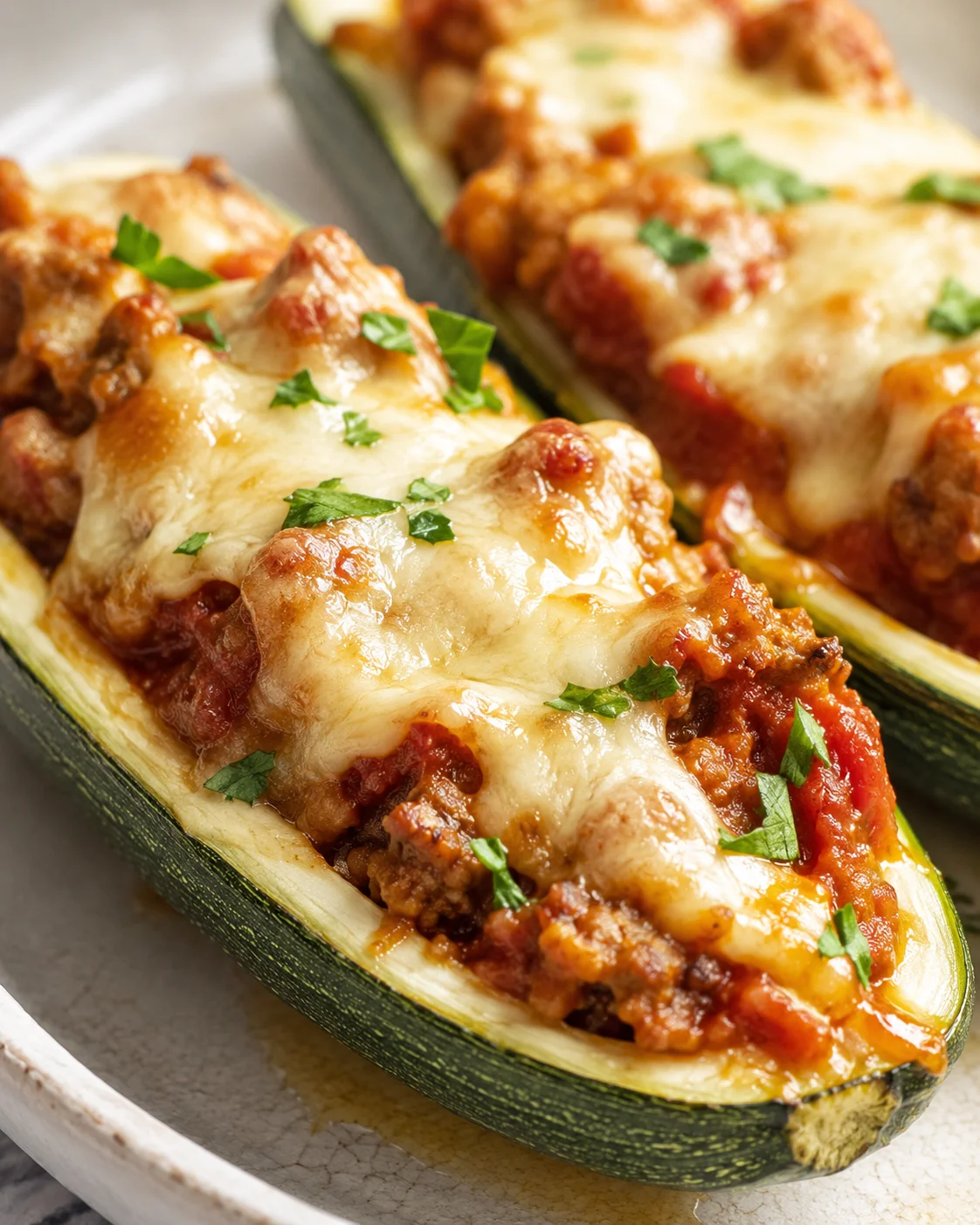 Stuffed Zucchini Boats with Cheese Baked zucchini halves filled with sausage, marinara, and melted cheese garnished with herbs
