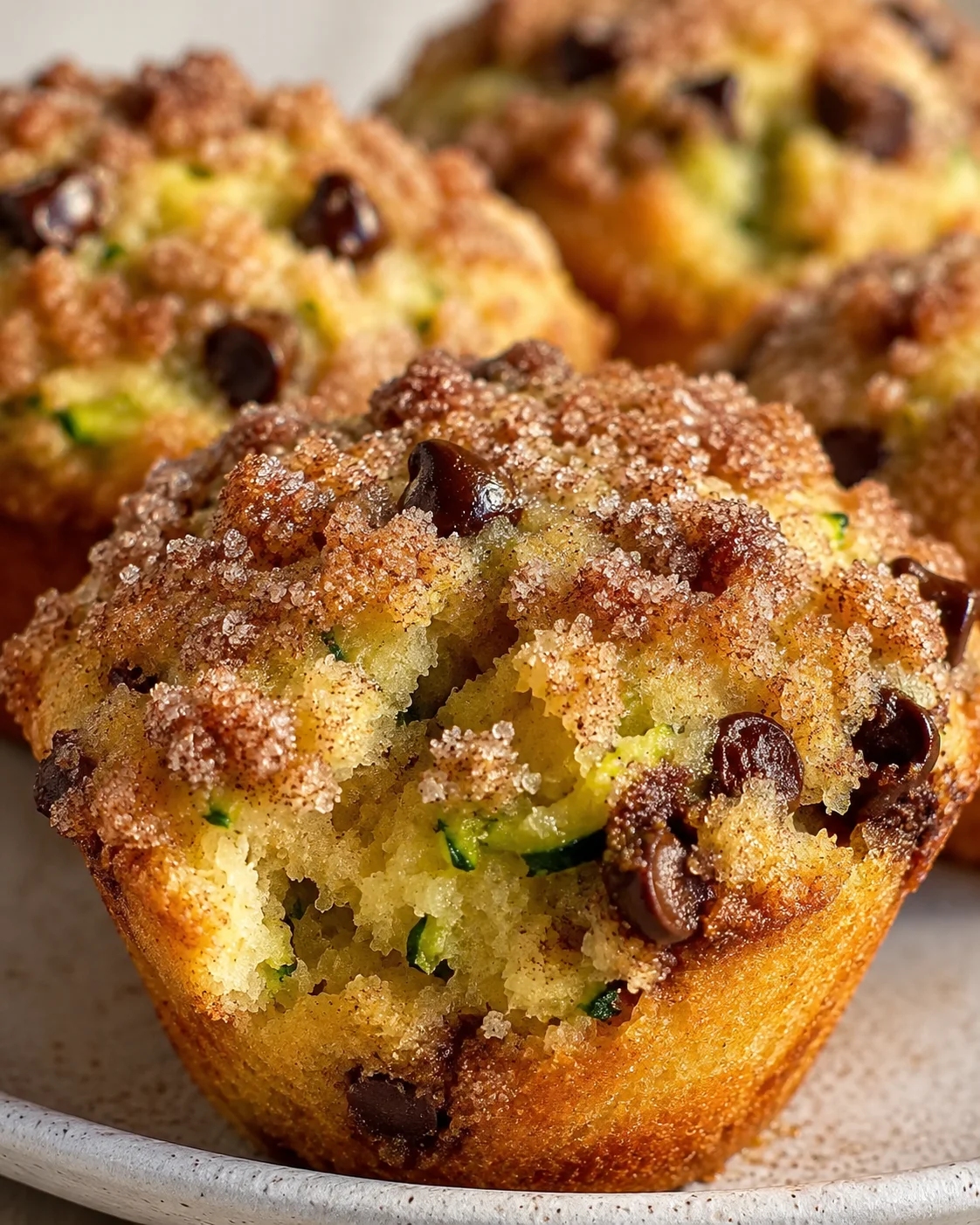 Close-up of moist zucchini chocolate chip muffins topped with cinnamon streusel