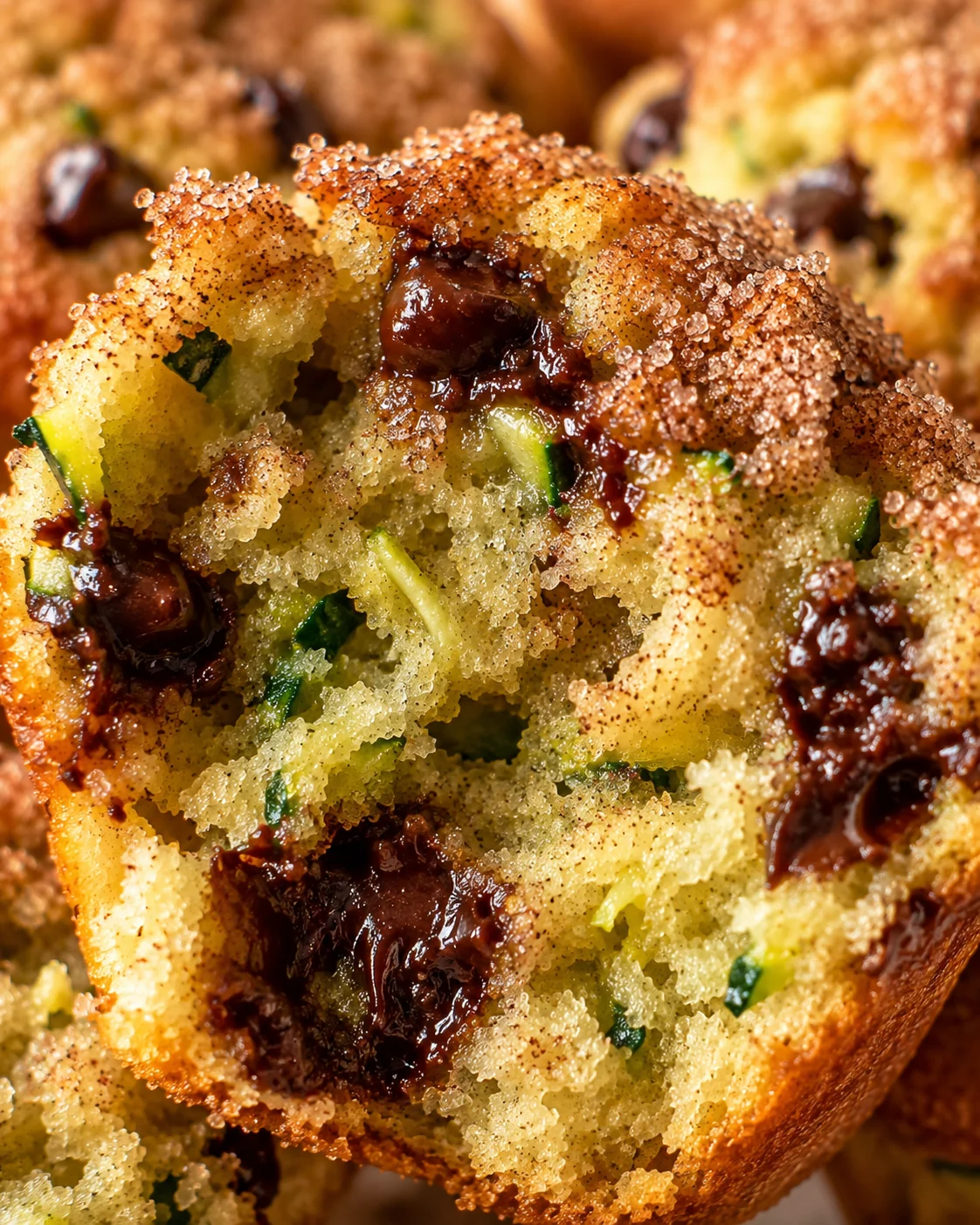 Close-up of moist zucchini muffins with chocolate chips and cinnamon streusel topping