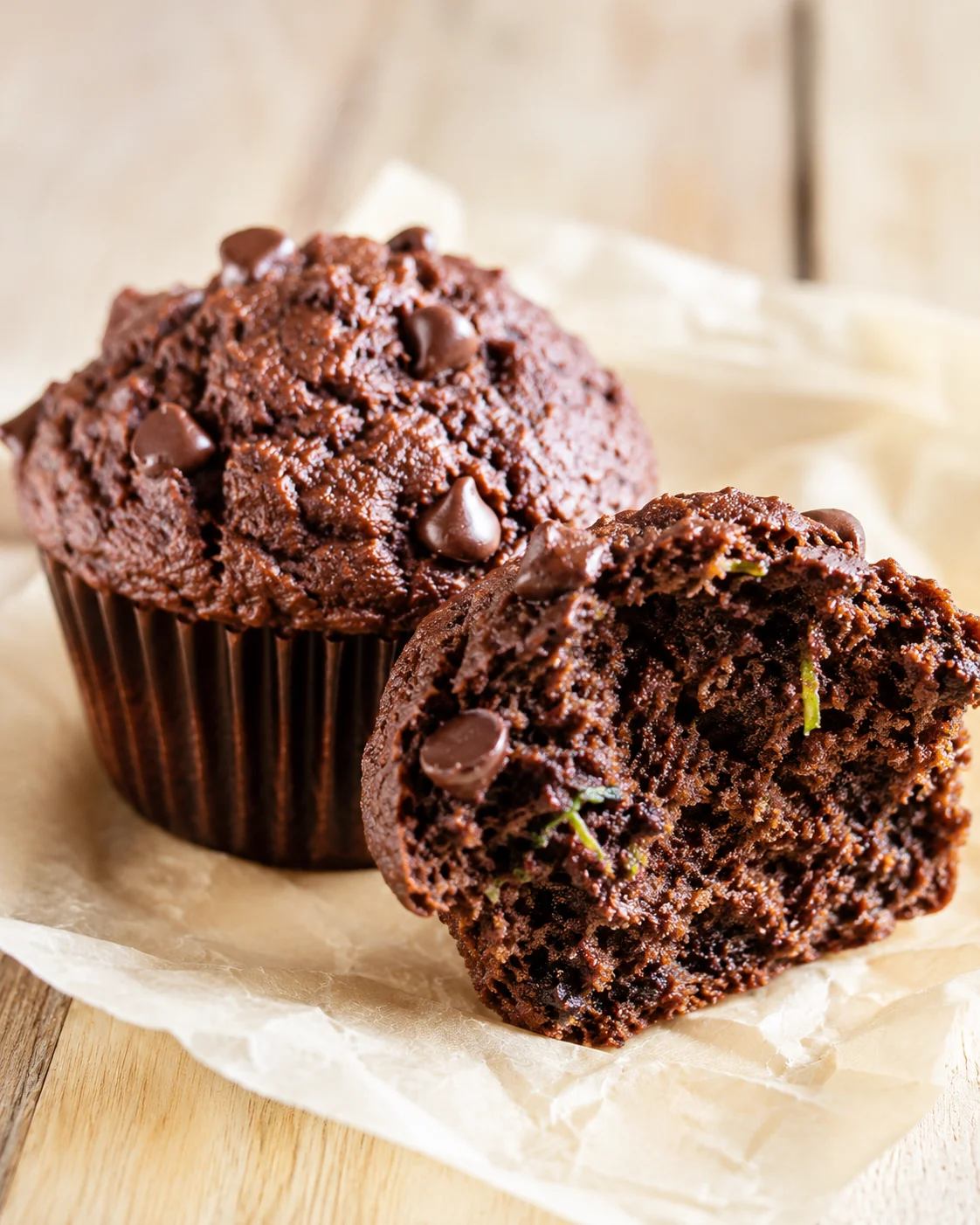 Chocolate Zucchini Muffins Recipe Delicious moist chocolate zucchini muffins with chocolate chips on parchment paper.