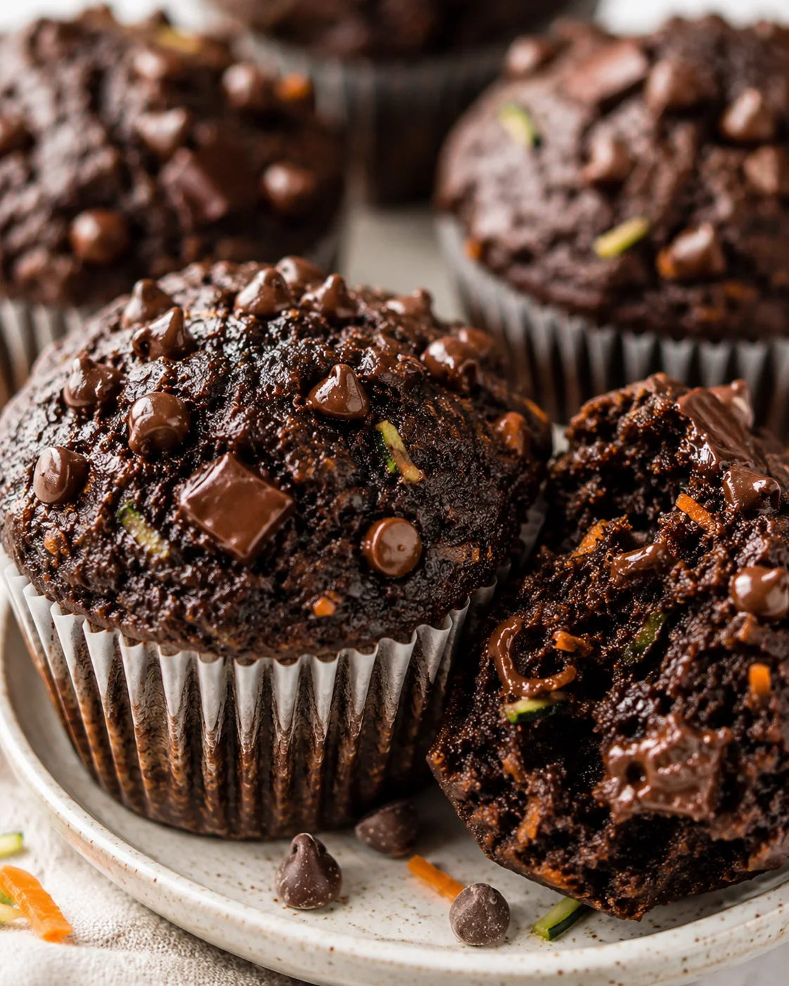 Chocolate Zucchini Carrot Muffins Chocolate zucchini carrot muffins topped with chocolate chunks and mini chips