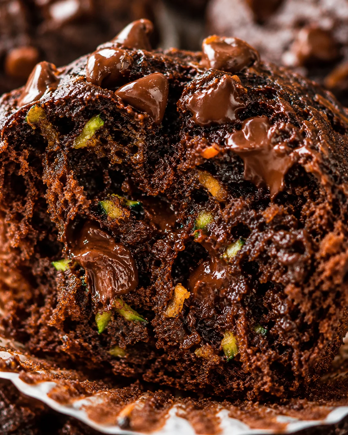 Chocolate Zucchini Carrot Muffin Delight Rich, moist chocolate zucchini carrot muffin filled with chocolate chunks and topped with sprinkles.