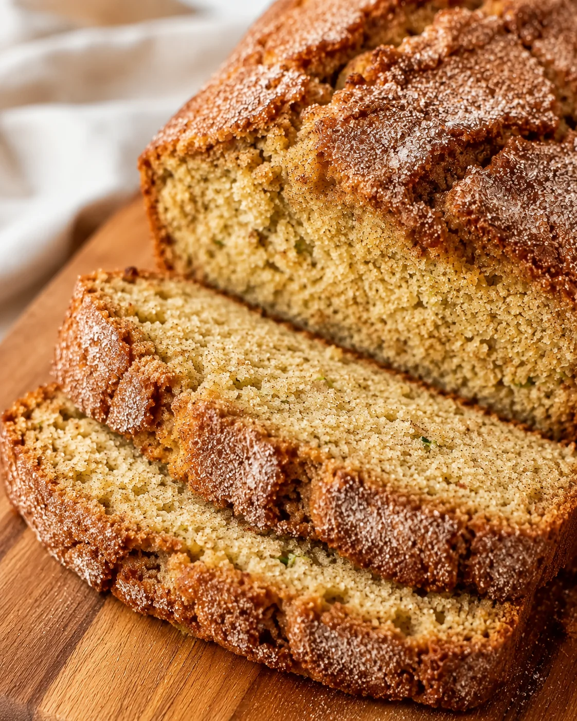 Close-up of sliced zucchini bread with cinnamon sugar topping and moist crumb