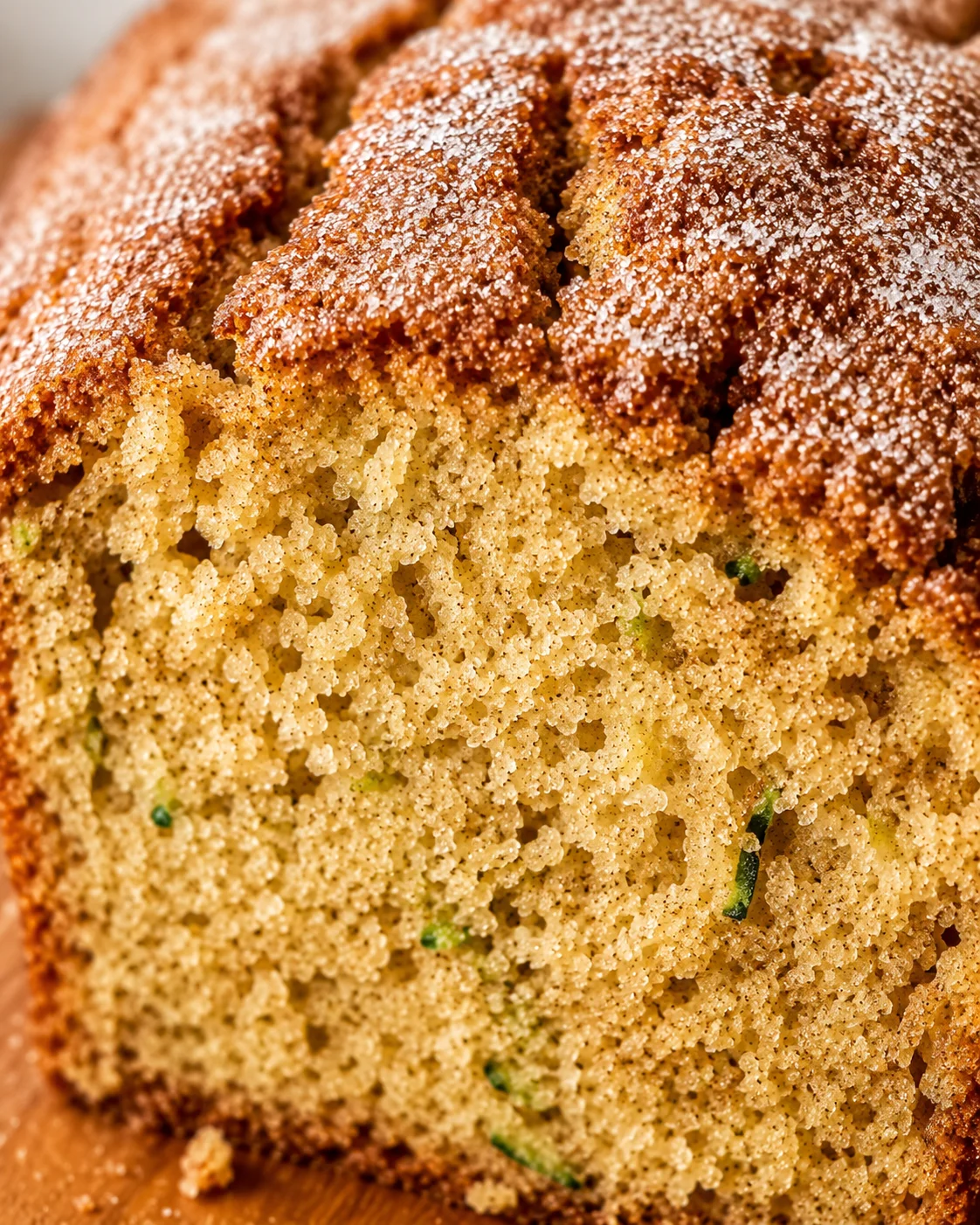 Close-up of a freshly sliced crumbly zucchini bread with cinnamon sugar topping.