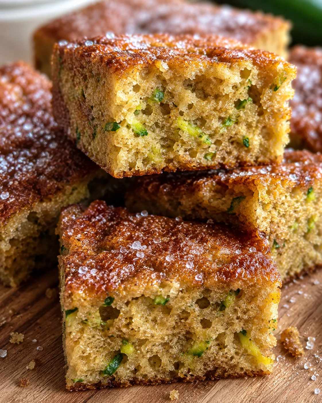 Snickerdoodle Zucchini Bars Close-up of moist zucchini bars with crispy cinnamon sugar crinkle top