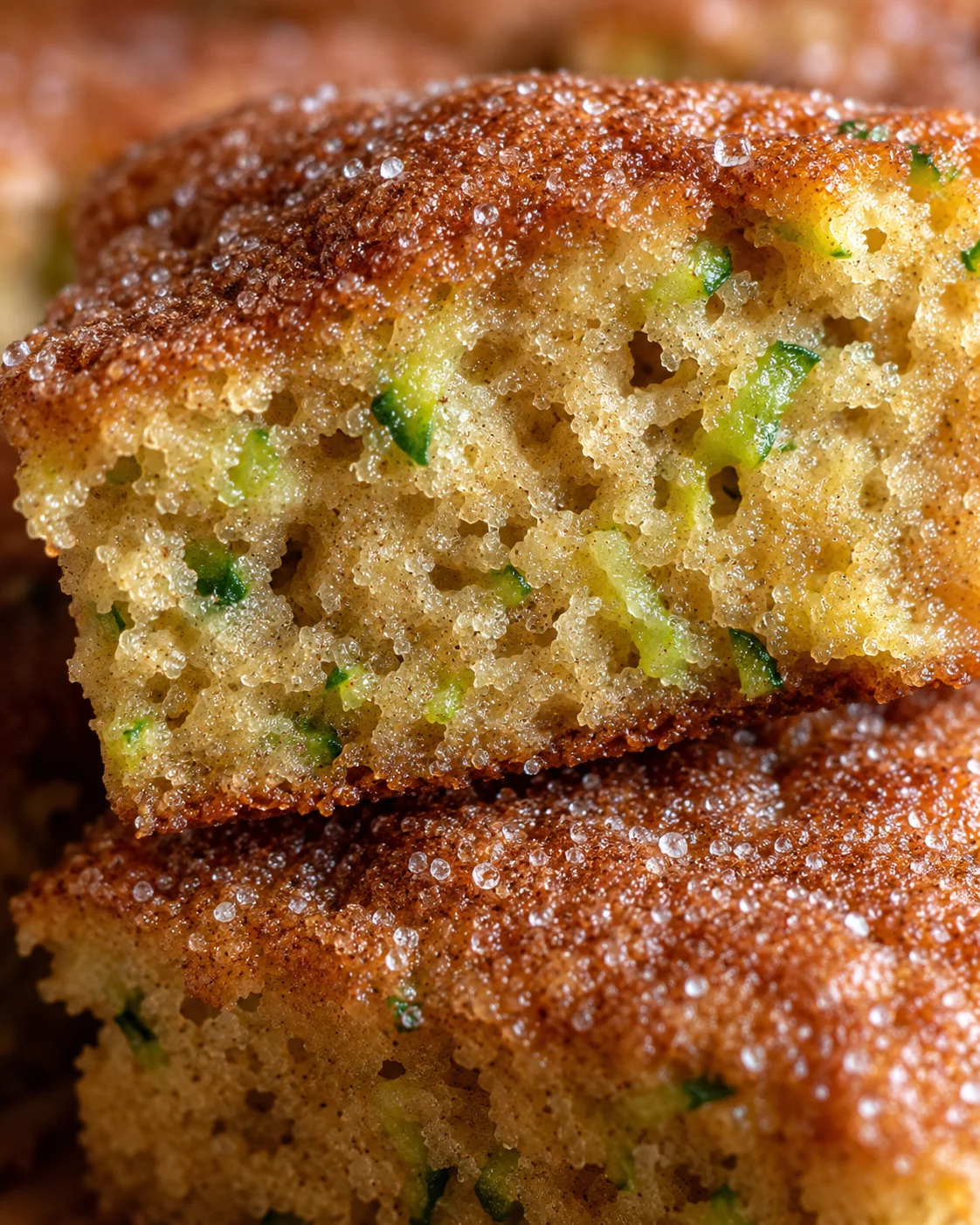 Snickerdoodle Zucchini Bars with Crinkle Top Close-up of moist zucchini bars with a crackled cinnamon sugar top, golden and inviting
