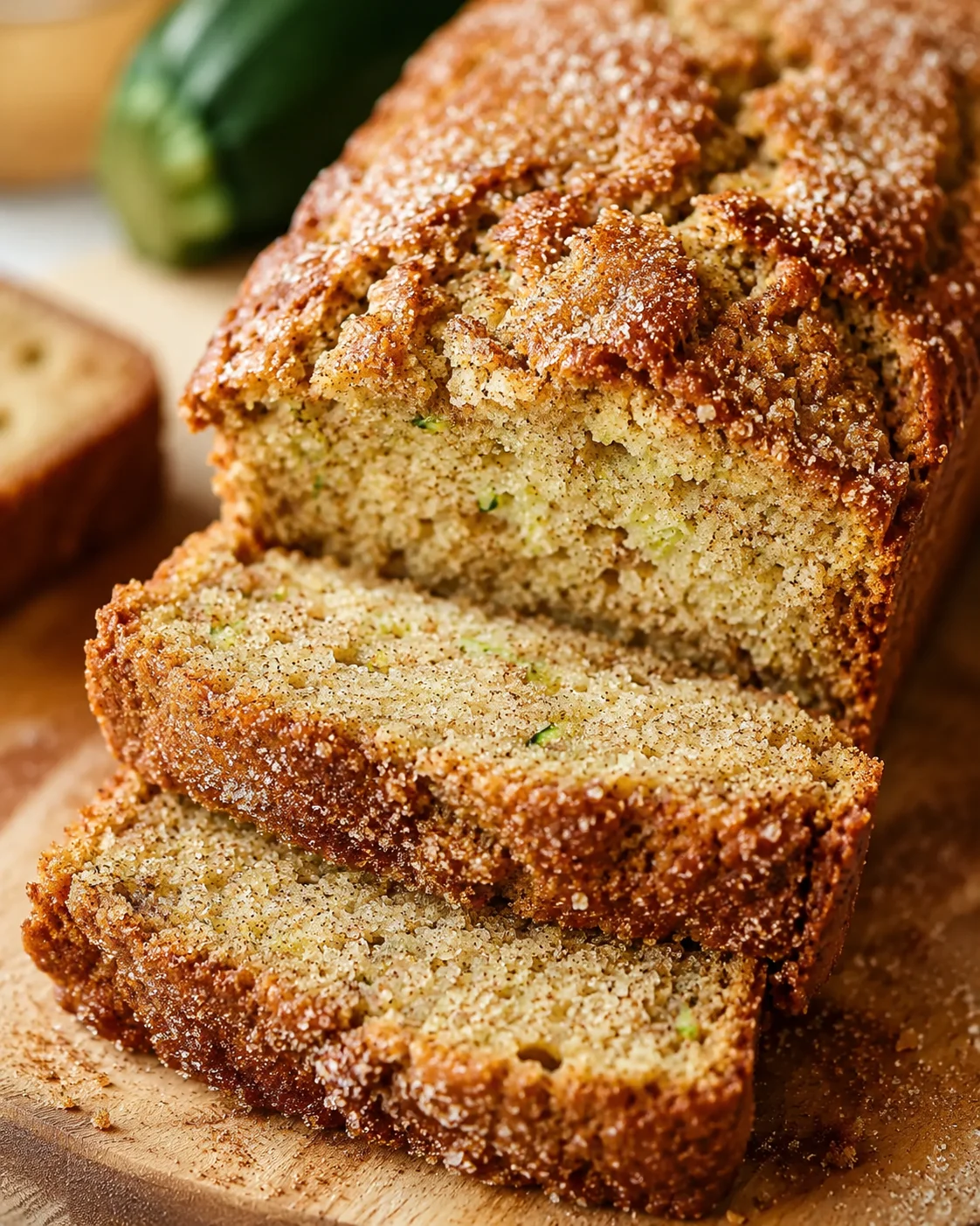 Close-up of freshly baked snickerdoodle zucchini bread with a crispy cinnamon sugar topping.