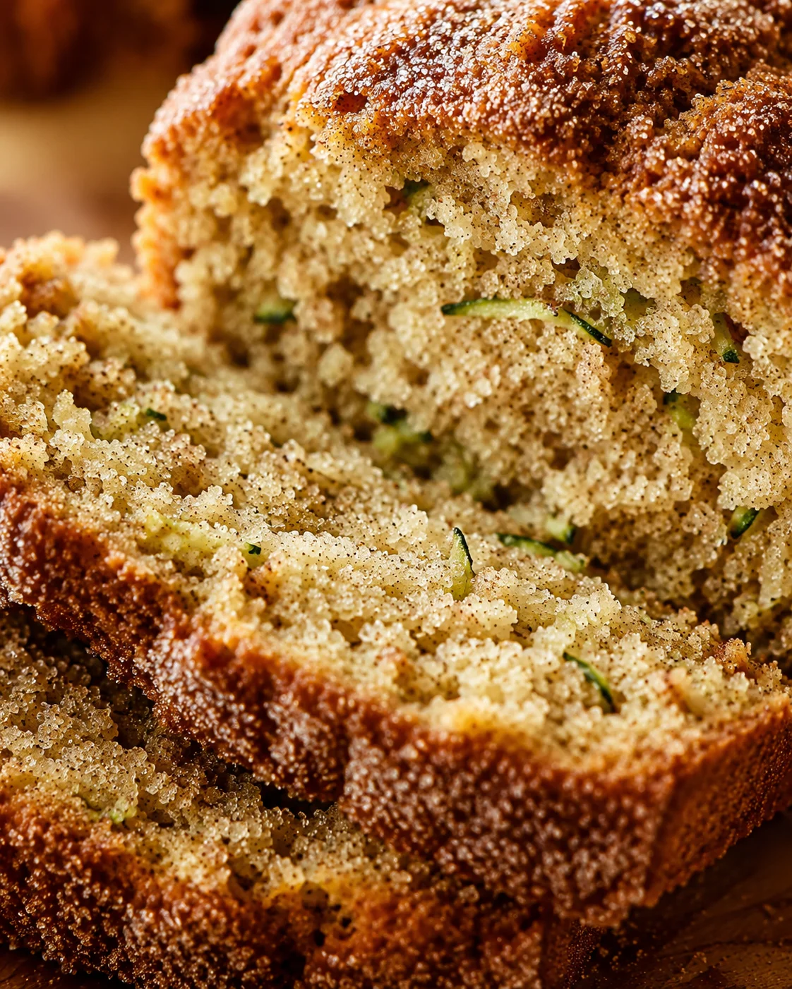 Close-up of a sliced moist zucchini bread topped with cinnamon sugar.
