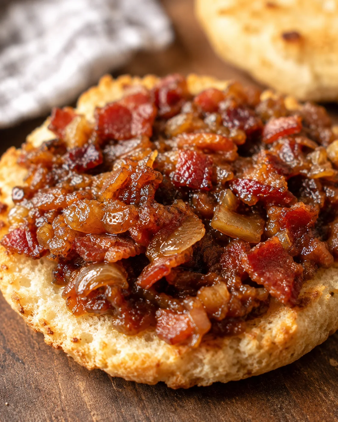 Close-up of savory bacon jam spread on toasted bread slice