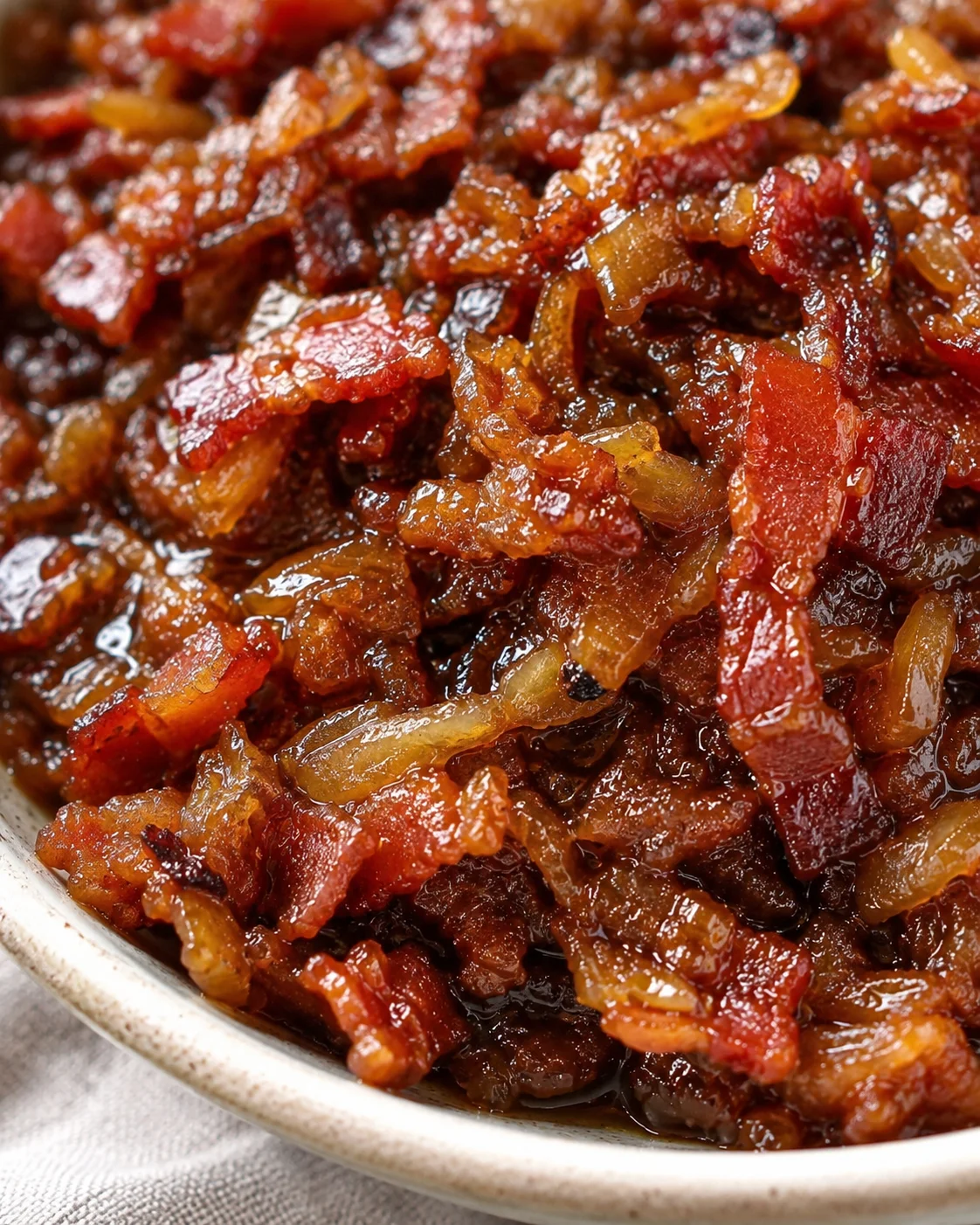 Close-up of rich, smoky, homemade bacon jam with caramelized onions and garlic