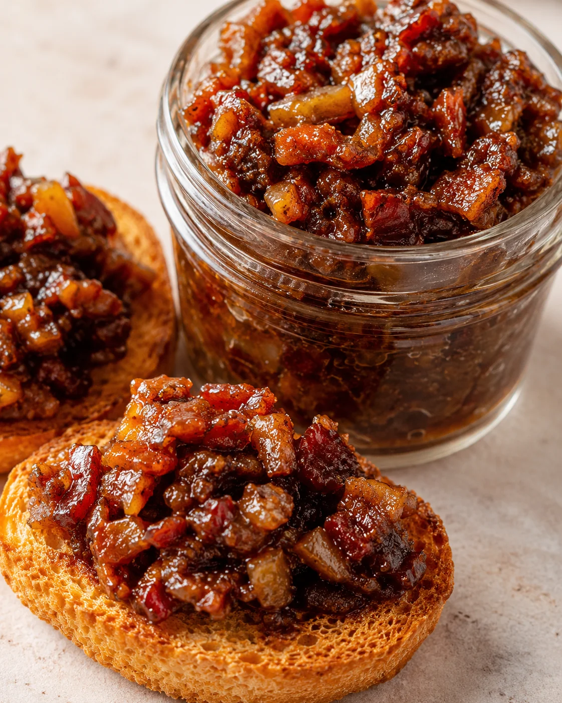 Homemade Bacon Jam in a Jar Delicious bacon jam spread on toasted bread with cooked bacon pieces