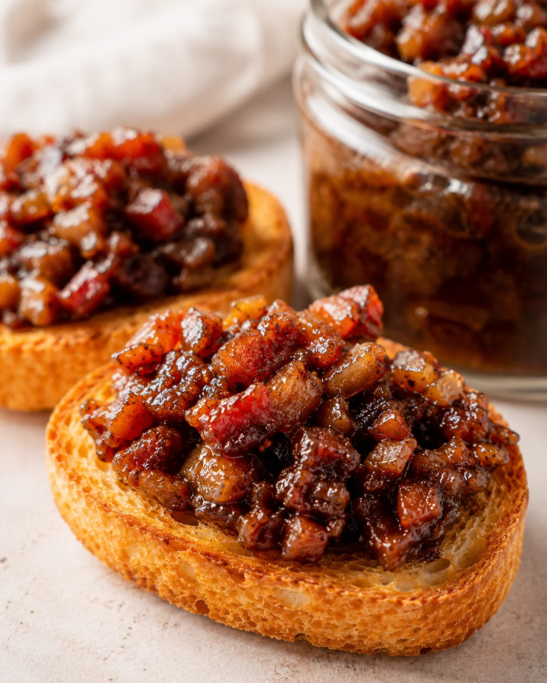 Delicious Bacon Jam Spread Close-up of bacon jam topping crispy bread slices, showcasing rich textures and flavors