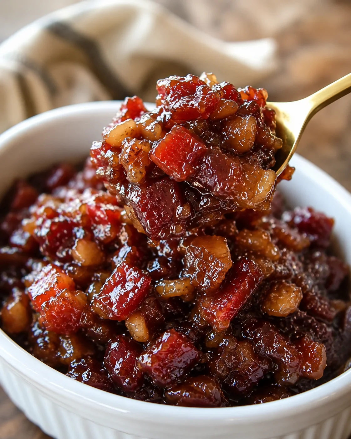 Delicious Bacon Jam Spread Close-up of a spoonful of caramelized bacon jam in a white bowl.