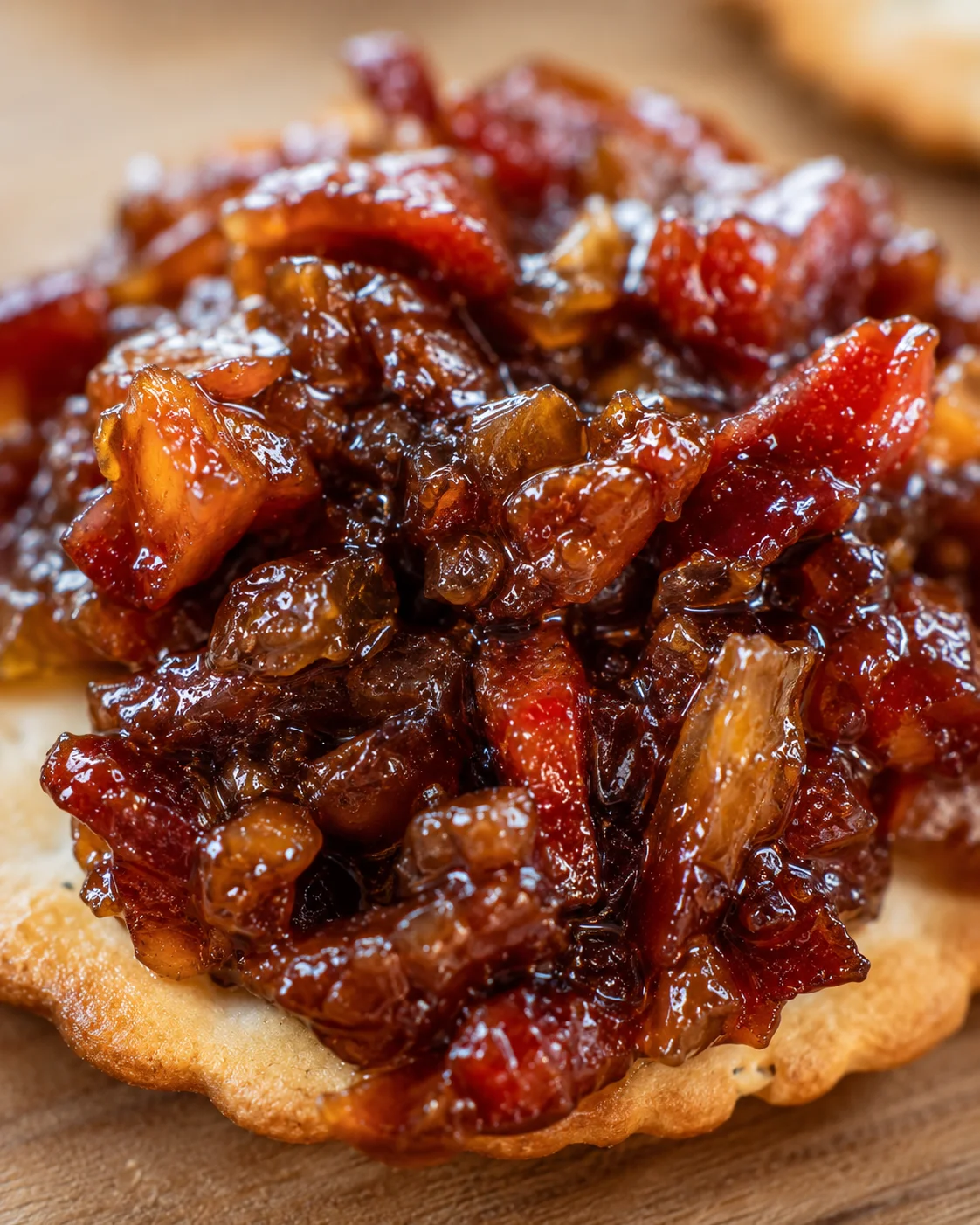 Close-up of rich, savory whiskey bacon jam on a cracker.