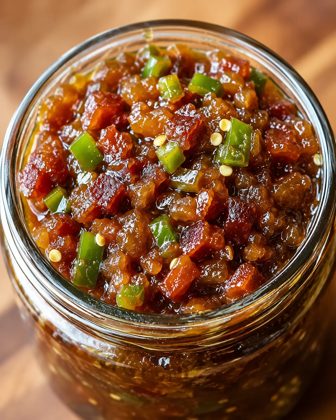 Close-up of a jar filled with spicy, smoky homemade bacon jam with diced jalapeños.